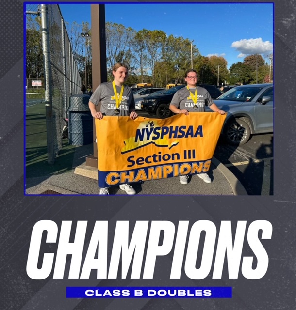 Isabella Johnson and Kathleen Rogers holding section 3 championship banner